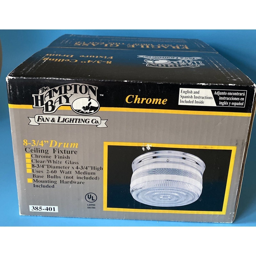 Hampton Bay 8-3/4 Drum Ceiling‎ Fixture Chrome Clear White Glass 385-401 NEW